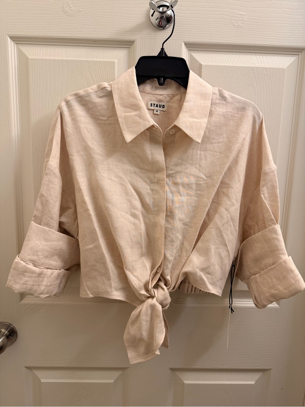 STAUD Neutral Tie-Front Linen Button-Down Shirt